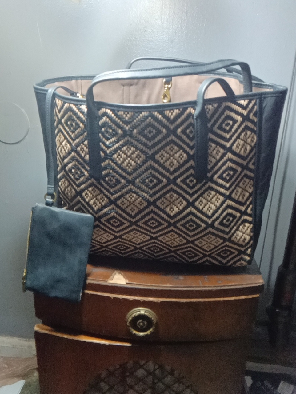 J. Crew Black and Tan Woven Tote with Removable Pouch